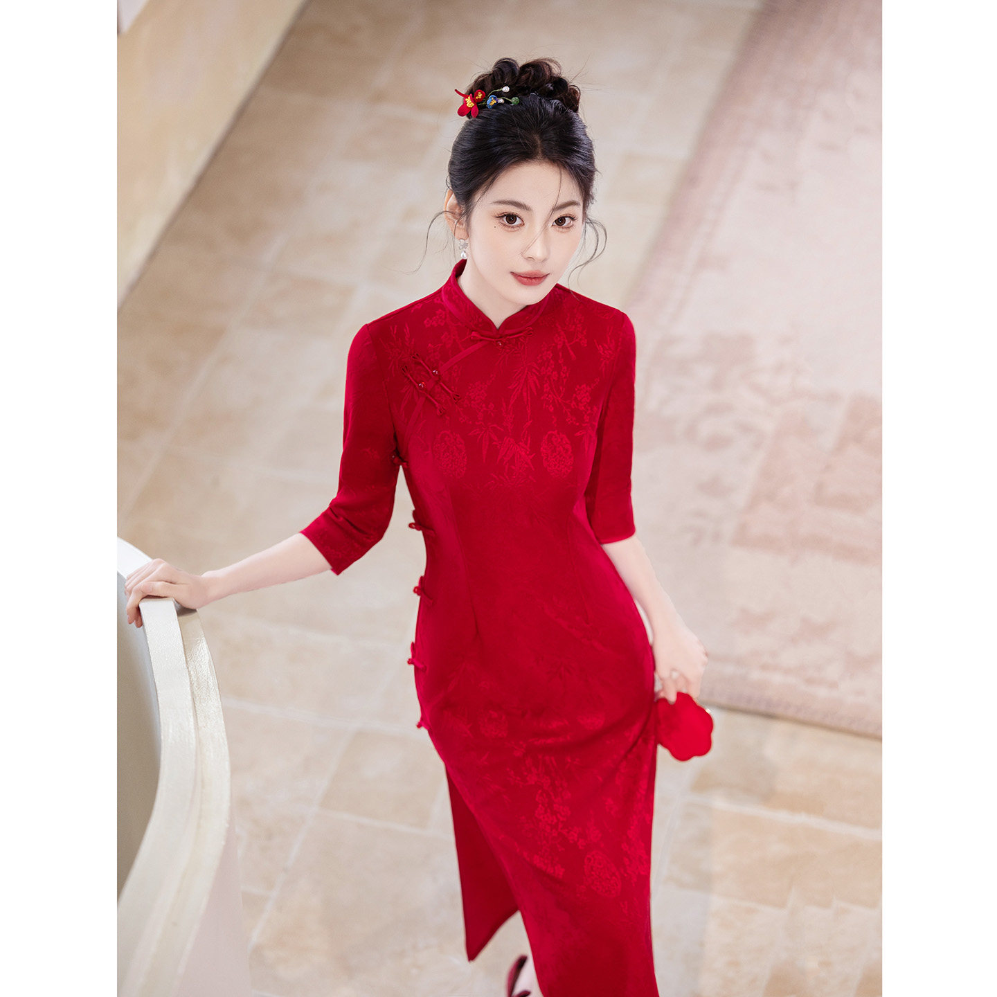 中式旗袍敬酒服新娘结婚红色订婚礼服裙出阁回门日常收腰中袖婚宴
