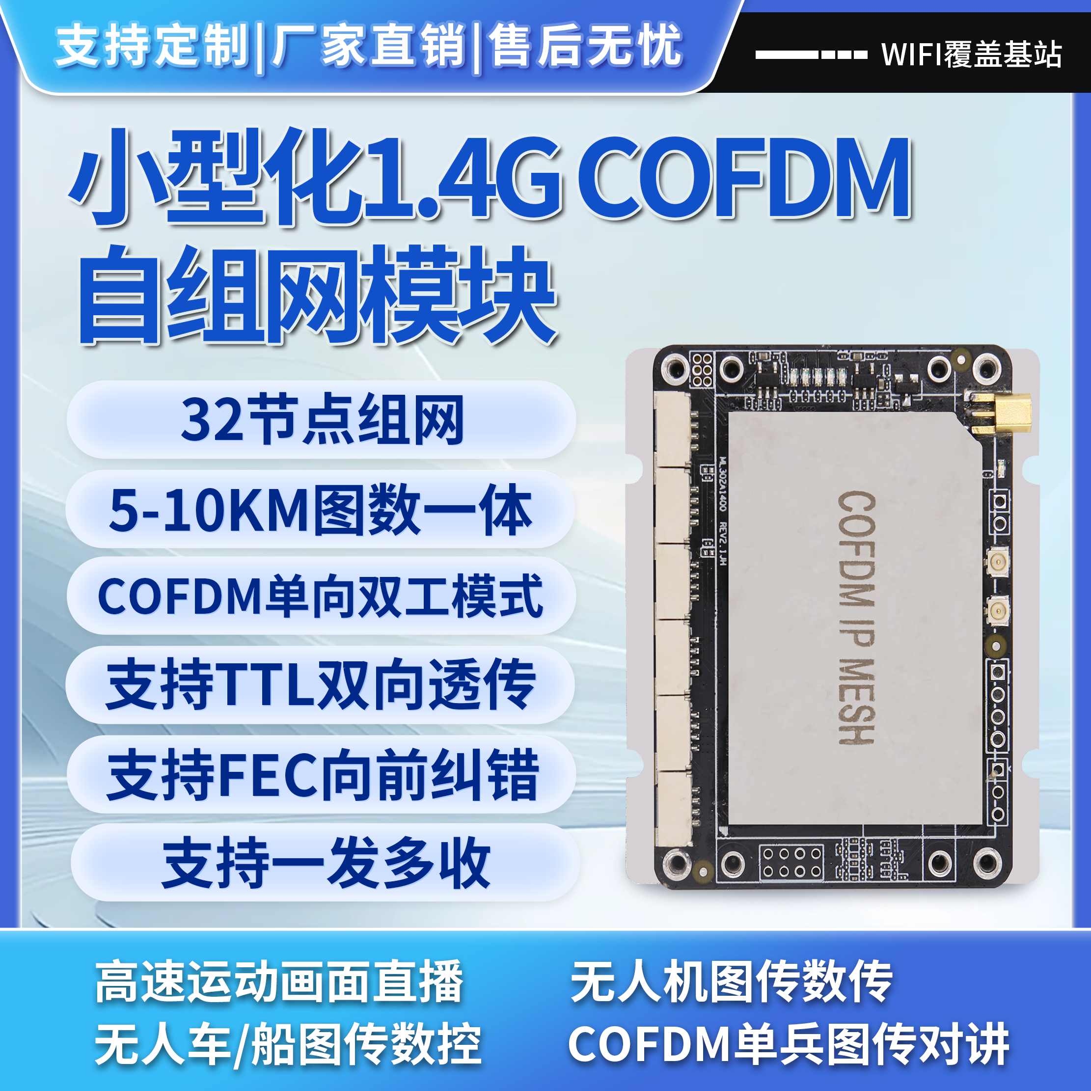 5-10KM图数一体1.4G图传宽带自组网模块MESH数传COFDM设备