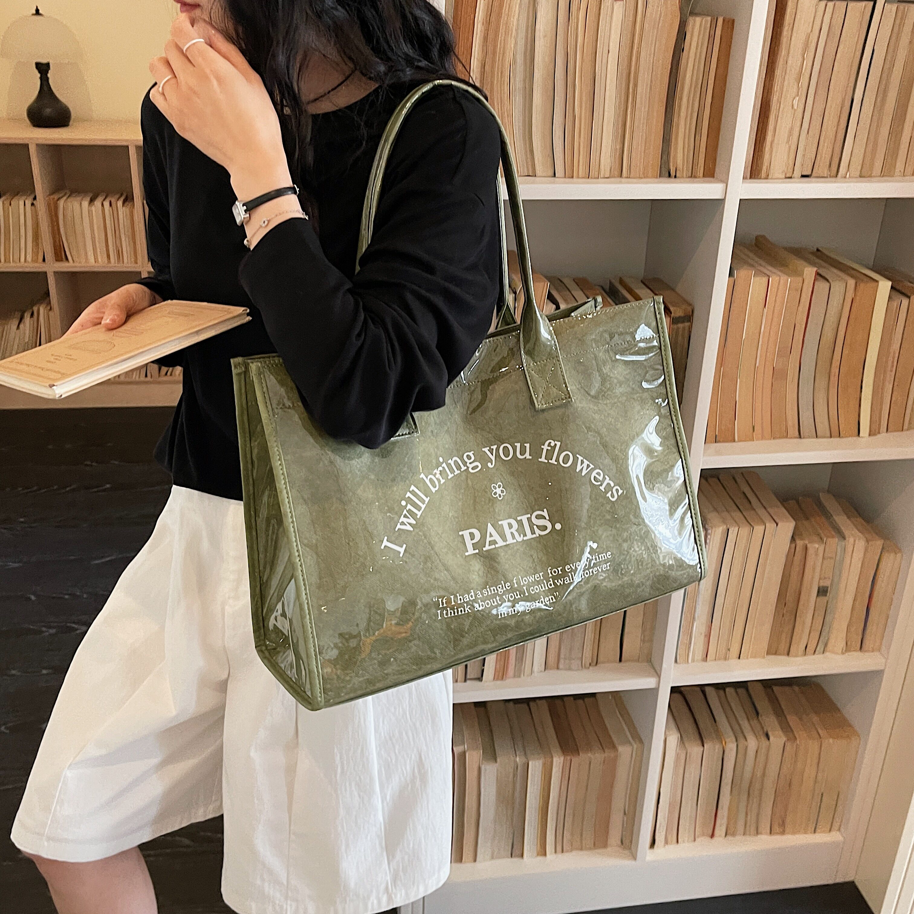 夏季新款包包女透明拼接字母托特包大容量购物袋单肩手提包通勤包
