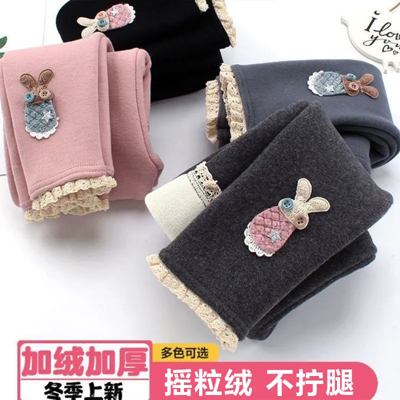 女童加绒打底裤秋冬儿童保暖外穿洋气宝宝一体摇粒绒卡通保暖裤子