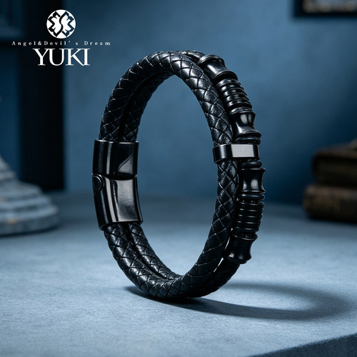 YUKI男女黑色牛皮钛钢多层手链