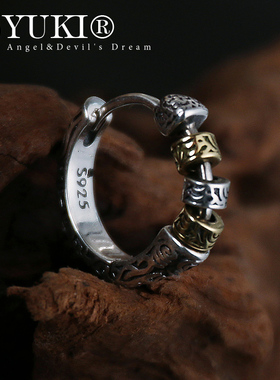 YUKI男士925纯银耳环双色唐草复古银饰国潮银耳钉气质男女耳饰品