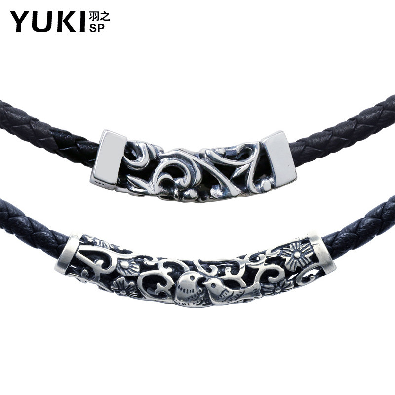 YUKI男士925纯银项链皮绳项圈百搭复古锁骨链情侣送男友生日礼物