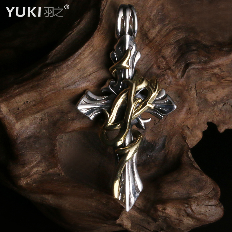 YUKI男士925纯银项链荆棘十字架银饰情侣银链子INS欧美女情人礼物