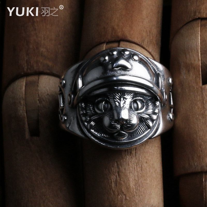 YUKI男士个性纯银戒指环猫银饰品INS男女潮食指戒情人礼物复古