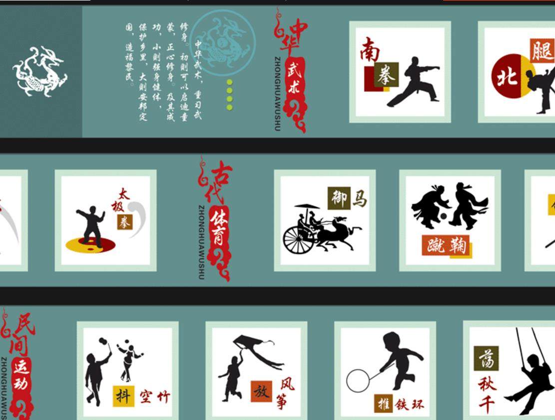 校园墙画,武术墙体文化墙设计,墙绘素材,小学,体育运动cdr