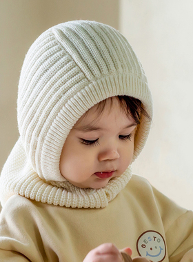 M940韩国进口冬季男女宝宝加厚毛线帽 婴幼儿童护耳围脖防寒帽子