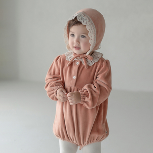 Y718韩国进口秋冬女宝宝丝绒连身哈衣公主爬服婴儿百天周岁宴童装