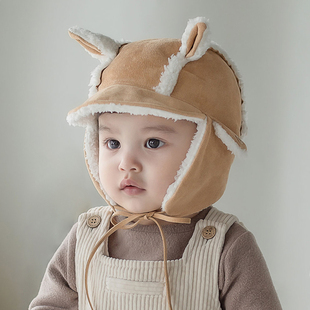 M814韩国进口冬季男宝宝护耳羊羔皮加绒雷锋帽婴儿童防寒鸭舌帽子