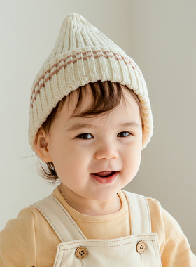 M931韩国进口春秋冬婴幼儿童翻边套头帽男女宝宝针织毛线包头帽子