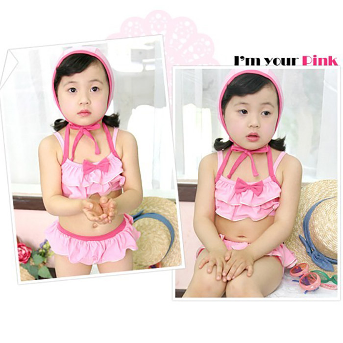 3017韩版女童荷叶边游泳衣 宝宝温泉比基尼 婴幼儿分体泳装+泳帽