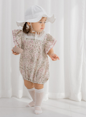 Y808韩国进口夏季女宝宝纯棉碎花连身哈衣爬服婴幼儿百天公主童装