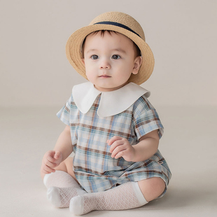 Y580韩国进口男宝宝格纹连身哈衣爬服婴幼儿童装百天周岁绅士礼服