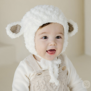 M893韩国进口冬季 羊羔珊瑚绒婴儿童帽子可爱男女宝宝保暖护耳胎帽
