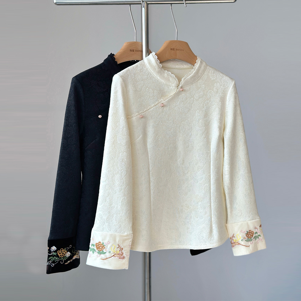 新中式加厚加绒打底衫百搭国风长袖立领花边刺绣上衣斜襟盘扣衬衫