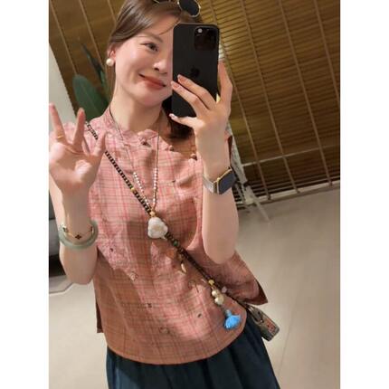 2026夏季网红新款新中式粉色马甲上衣女国风甜美小猫盘扣显瘦衬衫
