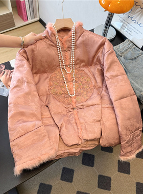 实拍水貂毛羽绒服提花缎面新中式国风棉服女加厚保暖