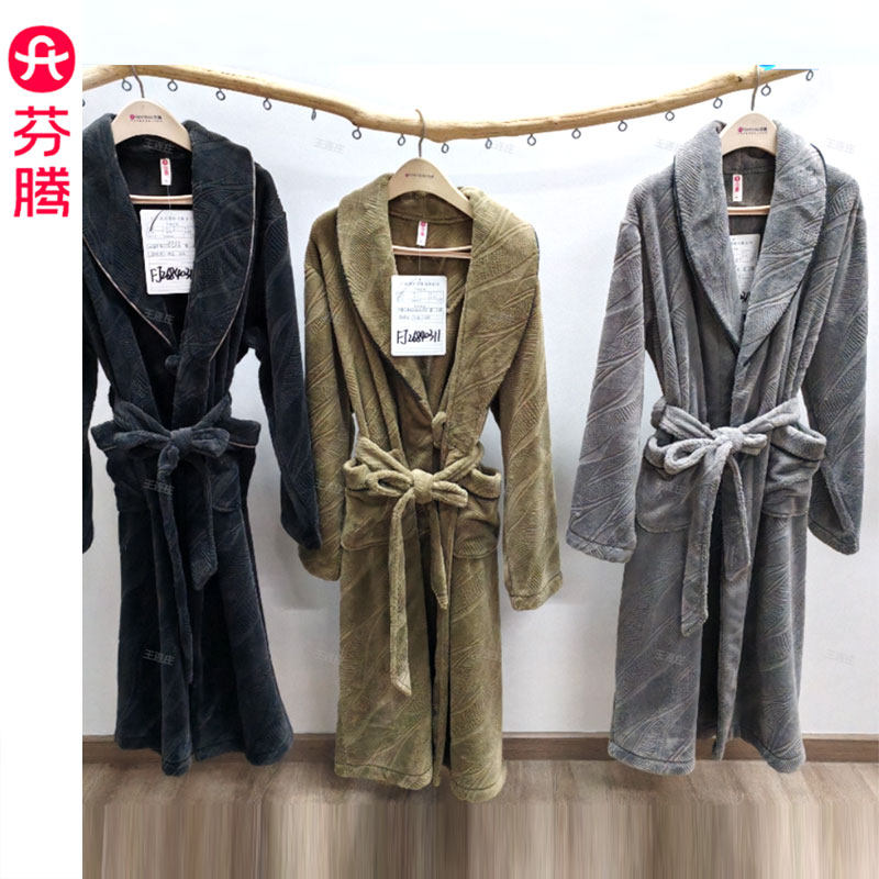 芬腾秋冬加厚珊瑚绒睡袍男士保暖