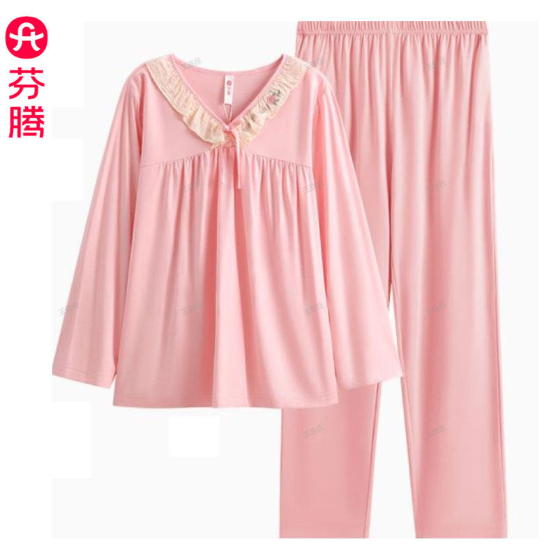 芬腾春秋新款珍珠棉睡衣女士套装长袖长裤套头纯色大码粘纤家居服
