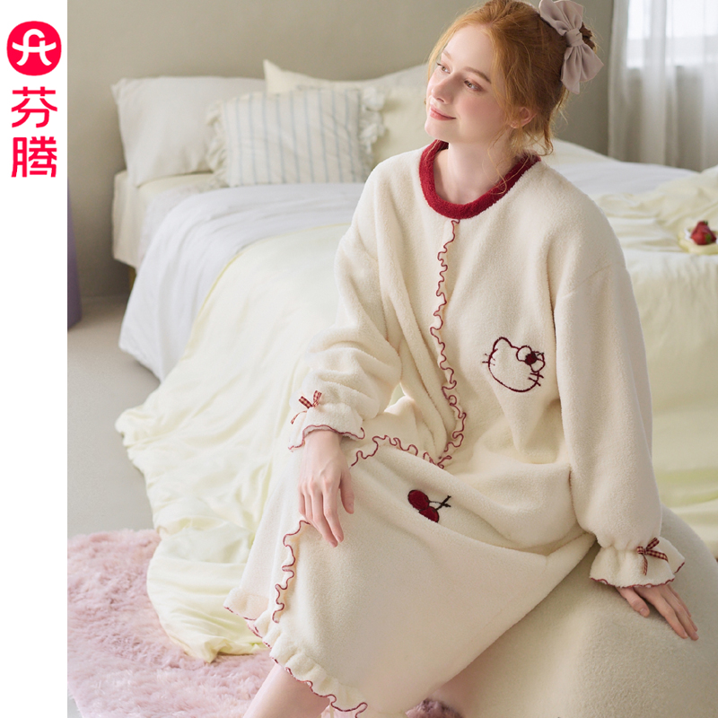 芬腾秋冬加厚珊瑚绒睡裙女士浴裙