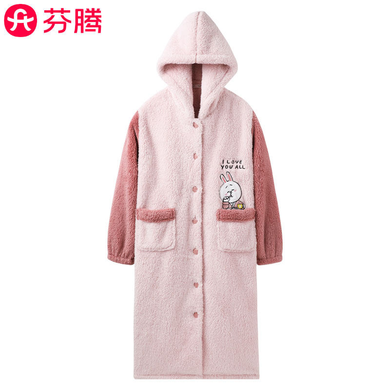 芬腾秋冬新款加厚珊瑚绒睡裙女士甜美连帽保暖可爱浴袍睡袍家居服