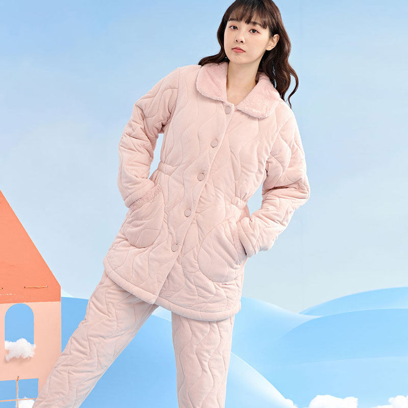 安之伴冬季三层加厚珊瑚绒夹棉睡衣女士套装中长款保暖加棉家居服