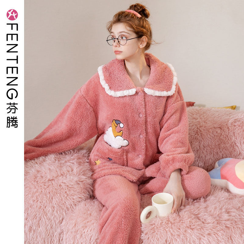 芬腾秋冬季新品加厚珊瑚绒睡衣女士套装卡通甜美保暖法兰绒家居服