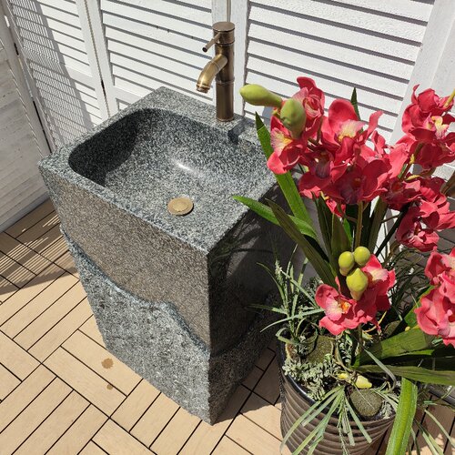 室外庭院洗手池天然一体石材别墅花园水池台盆户外石头立柱洗手盆
