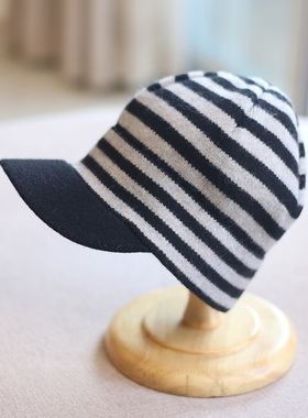 韩国简约条纹马术帽女秋冬小众复古针织骑士帽加厚加绒毛线报童帽