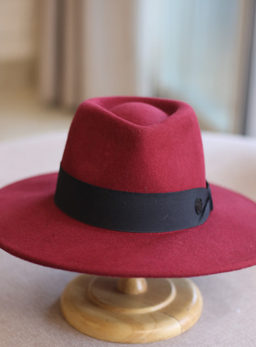 日系复古安哥拉红色羊毛呢平顶礼帽女秋冬法式宽檐酒红色爵士毛毡