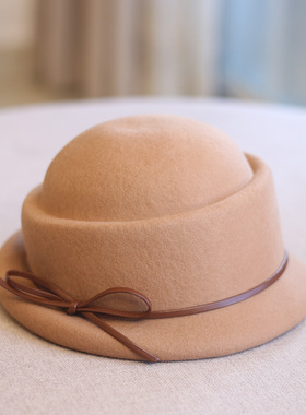 秋冬女式小沿羊毛帽法式保暖帽子礼帽盆帽渔夫帽子出游时尚逛街潮