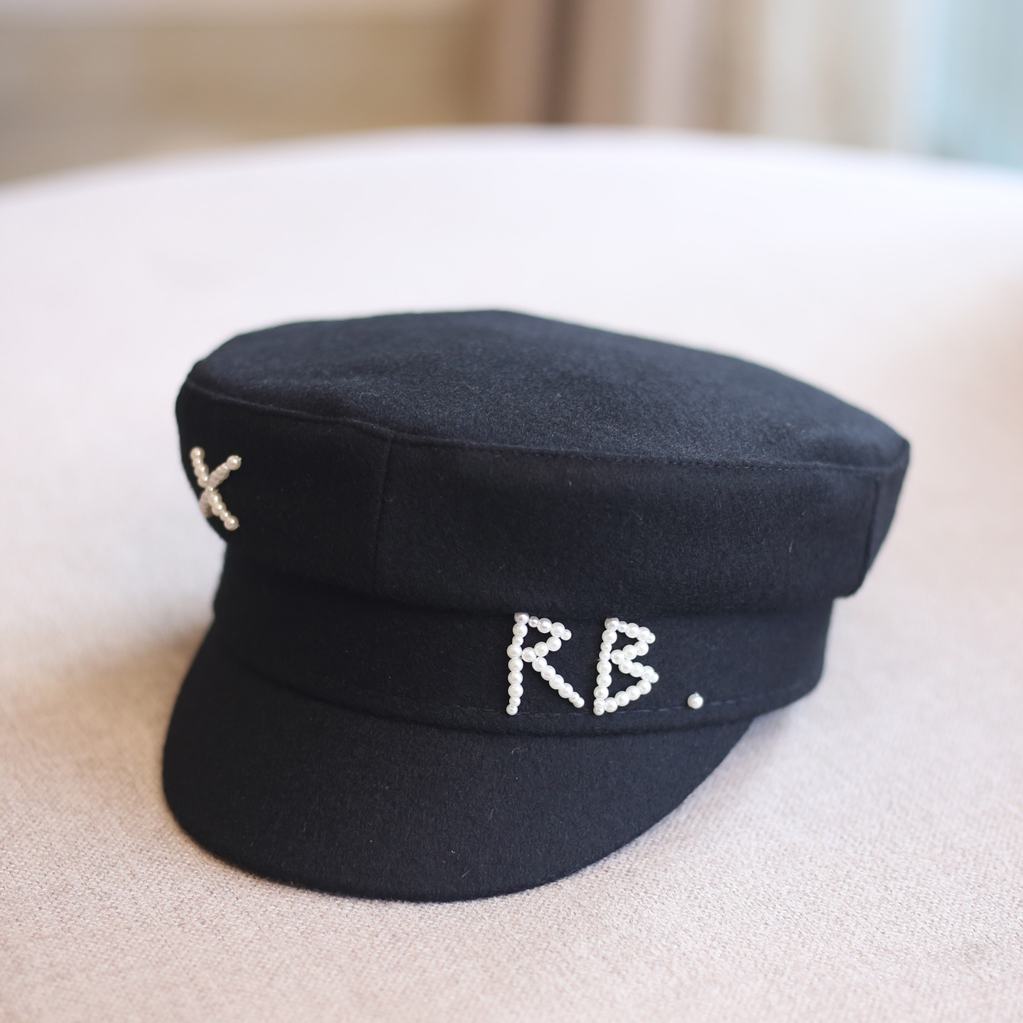 秋冬毛呢帽子女时尚RB字母珍珠海军帽户外保暖百搭鸭舌帽八角帽