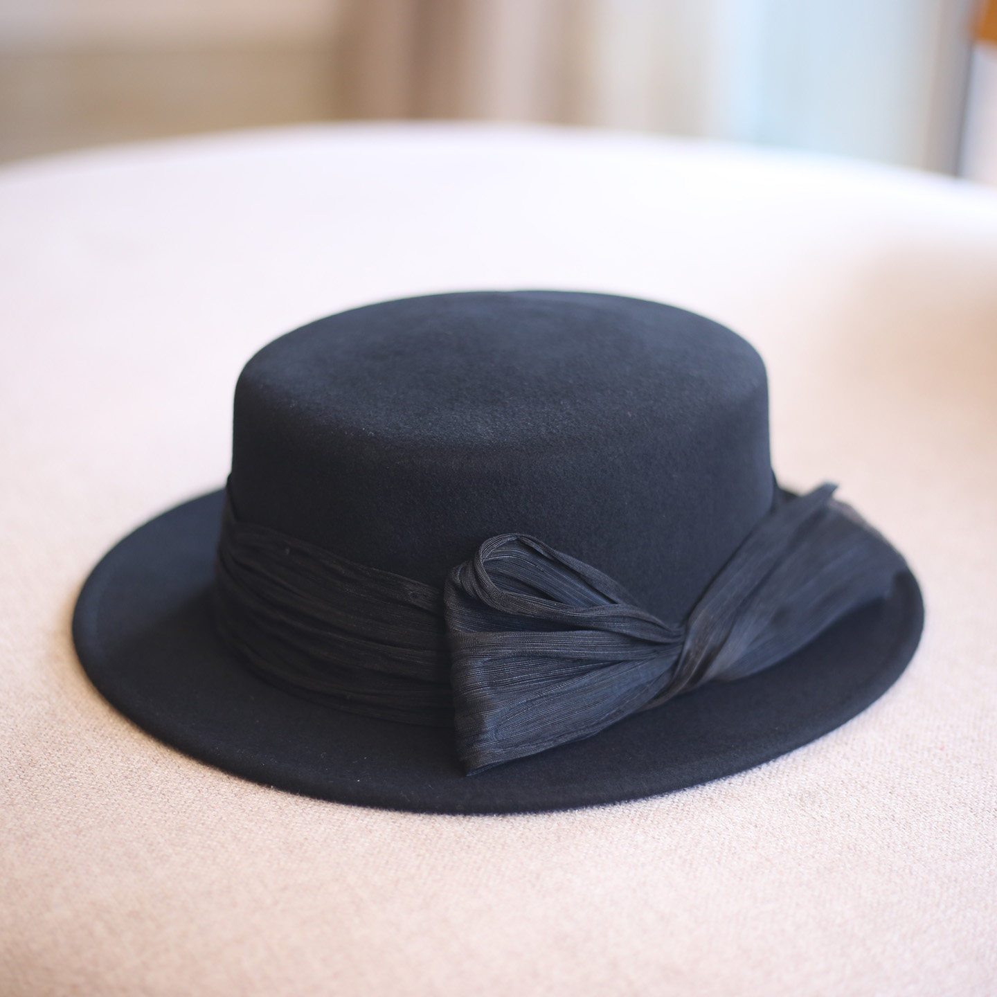 秋冬款礼帽女真丝麻丝带平顶平檐羊毛呢毡帽出游逛街时尚帽显脸小