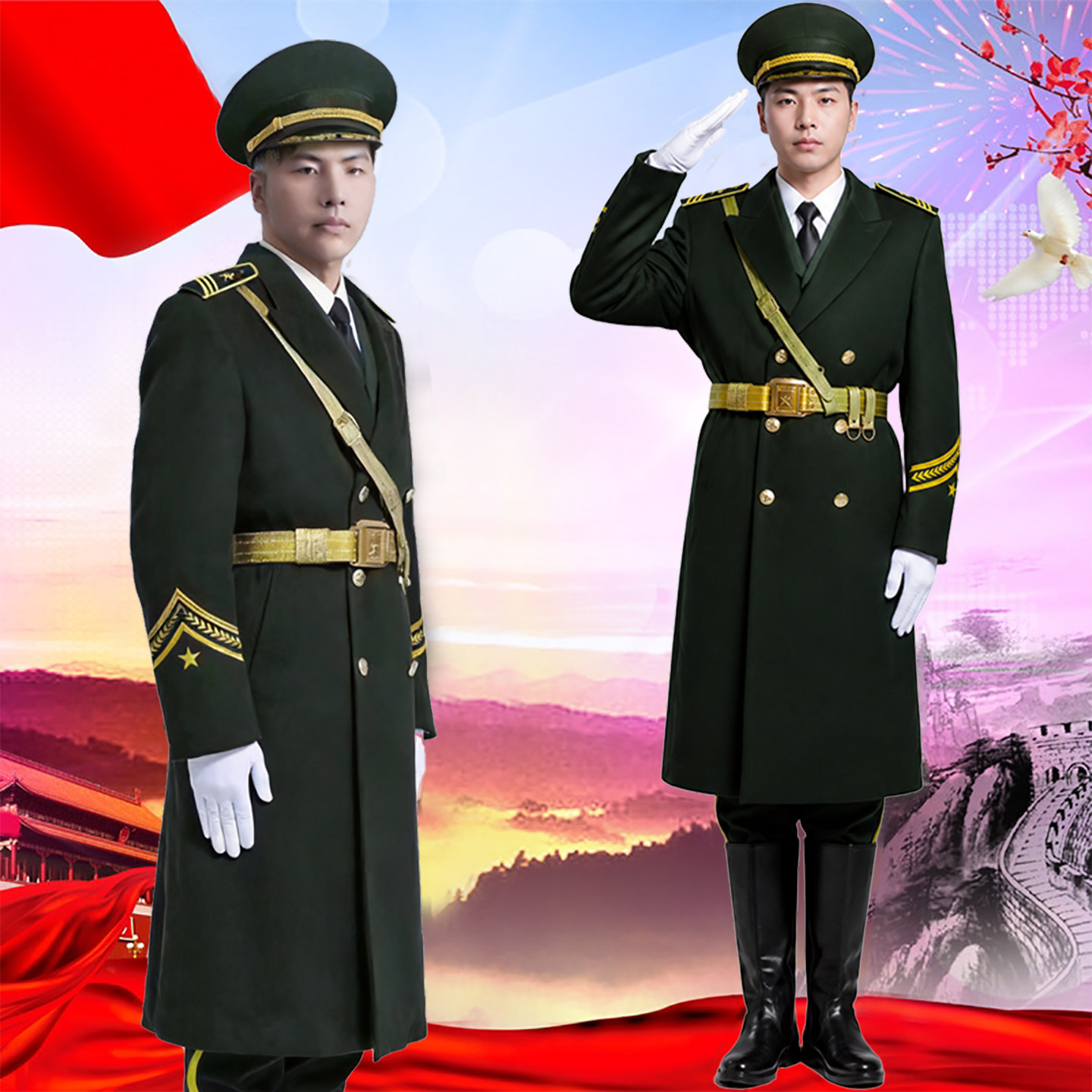 国旗班仪仗队服装绿色冬季羊毛呢大衣高中学生国旗护卫队升旗礼服