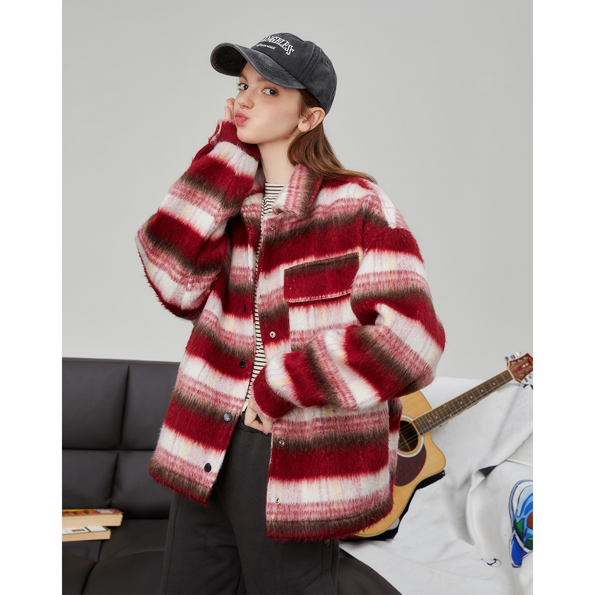 品牌正品折扣店保暖学院风渐变撞色毛呢夹克保暖摇粒绒舒适外套