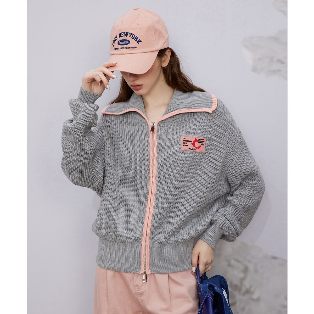 品牌正品折扣店 学院风大翻领设计感小众拉链毛衣休闲女式针织衫