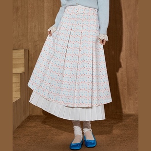 正品 折扣店假两件收腰显瘦设计感百褶高腰长裙甜美A字半截裙