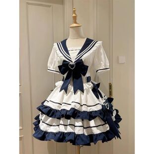 洛丽塔可爱夏日海军风绀色水蓝色青春元 连衣裙 气少女JK蛋糕裙洋装
