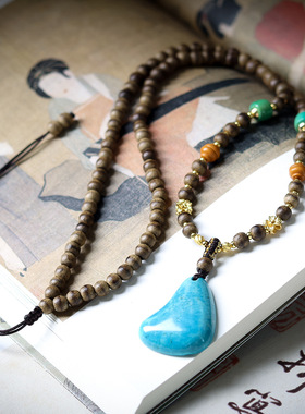 复古黄油沉香木项链民族风仿松石毛衣链简约文玩吊坠衣服配饰挂件