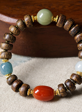 西马沉香木药片珠手串南红玛瑙天山翠手工编织新中式文玩手链