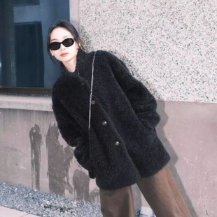黑色羊羔毛外套女冬加厚环保皮草宽松慵懒厚外套韩系毛毛保暖大衣