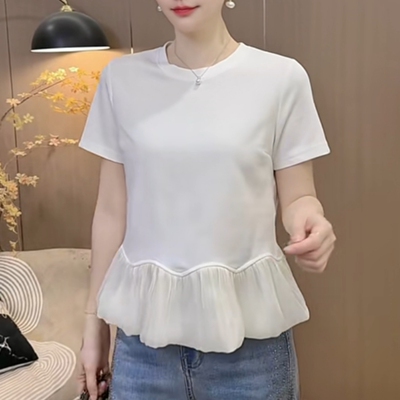 夏季宽松显瘦荷叶边短袖T恤女