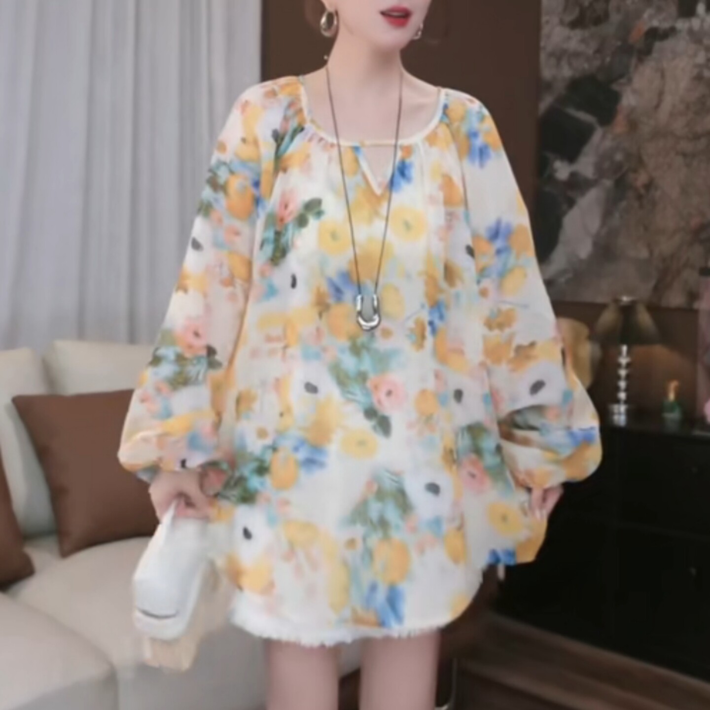 韩版慵懒风花卉印花V领灯笼袖衬衫女大码胖MM宽松显瘦百搭上衣