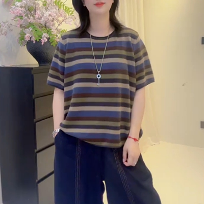 夏季撞色条纹宽松显瘦短袖T恤女