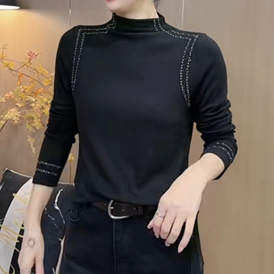 烫钻半高领长袖打底衫女