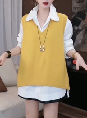 黄色V领无袖针织马甲女2025春秋休闲百搭大码胖MM叠穿中长款小衫