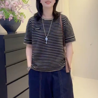 大码妈妈装条纹遮肚针织T恤