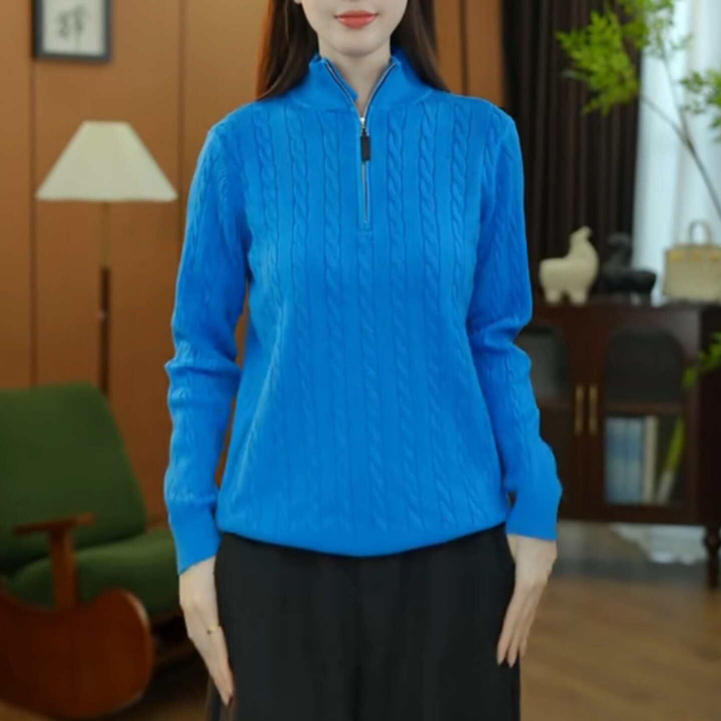 半拉链麻花针织衫女2025秋冬加厚保暖半高领长袖蓝色通勤百搭毛衣