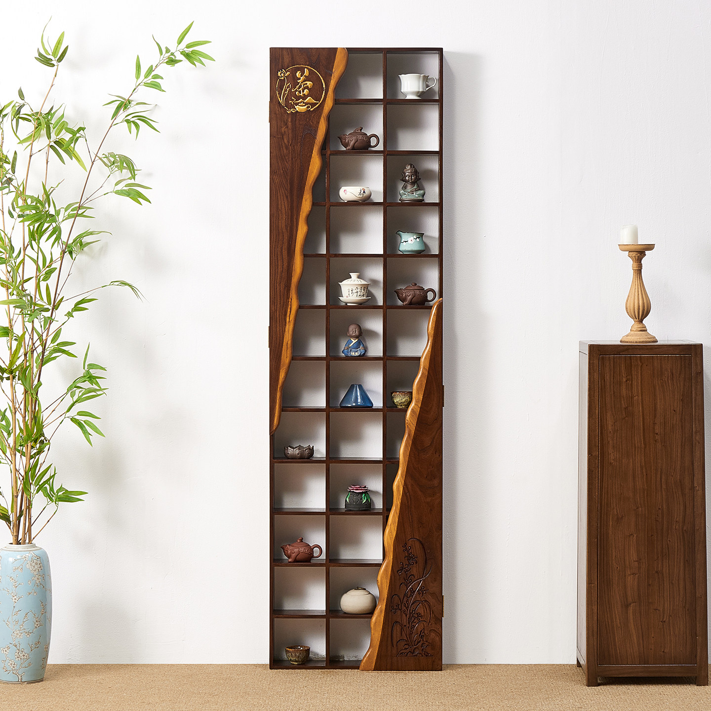 侘寂风多宝阁博古架紫砂茶壶格架壁挂式实木茶杯架置物古董展示架