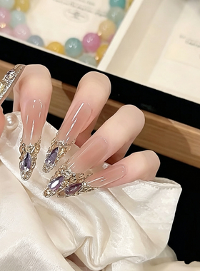 【金镶紫梦】纯手工穿戴甲香槟紫色钻光疗高级穿戴式纯手作美甲片